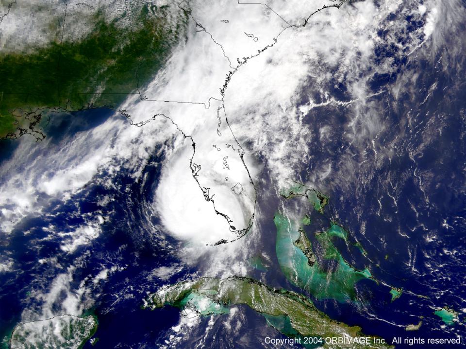 This image of Hurricane Charley battering the state of Florida was collected by ORBIMAGE's OrbView-2 "SeaWiFS" satellite on Friday, August 13th, 2004 at approximately 2:00 pm. (PRNewsFoto/ORBIMAGE Inc. )