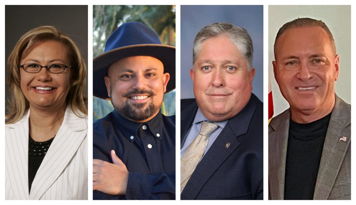 Indio City Council candidates, from left, Lupe Ramos Amith, Christian Rodriguez Ceja, Benjamin Guitron and Glenn Miller