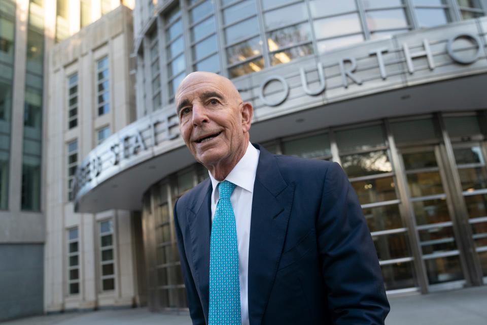 Tom Barrack leaves Brooklyn Federal Court on Wednesday. Barrack, a Donald Trump loyalist, was acquitted at a federal trail where he was accused of using his personal access to the former Republican president to secretly promote the interests of the United Arab Emirates.