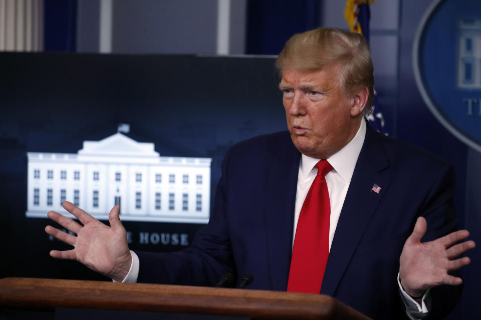 President Donald Trump speaks about the coronavirus in the James Brady Press Briefing Room of the White House, Monday, April 6, 2020, in Washington. (AP Photo/Alex Brandon)