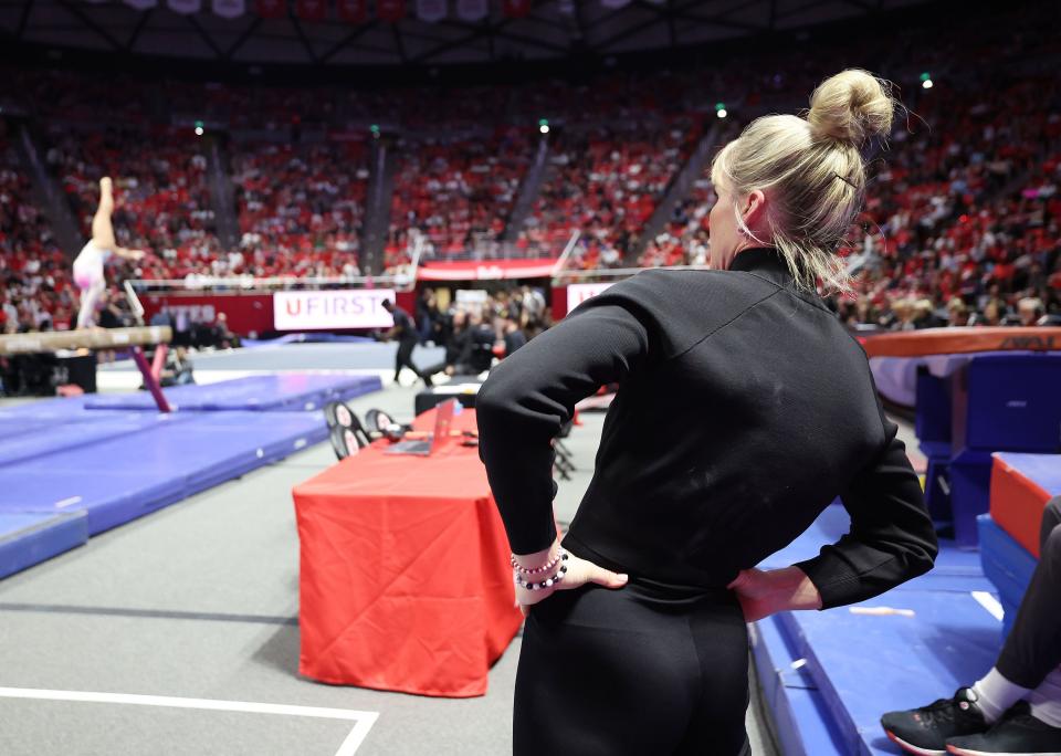 University of Utah gymnast coach Carly Dockendorf watches a gymnast in Salt Lake City on Friday, Feb. 23, 2024. | Jeffrey D. Allred, Deseret News