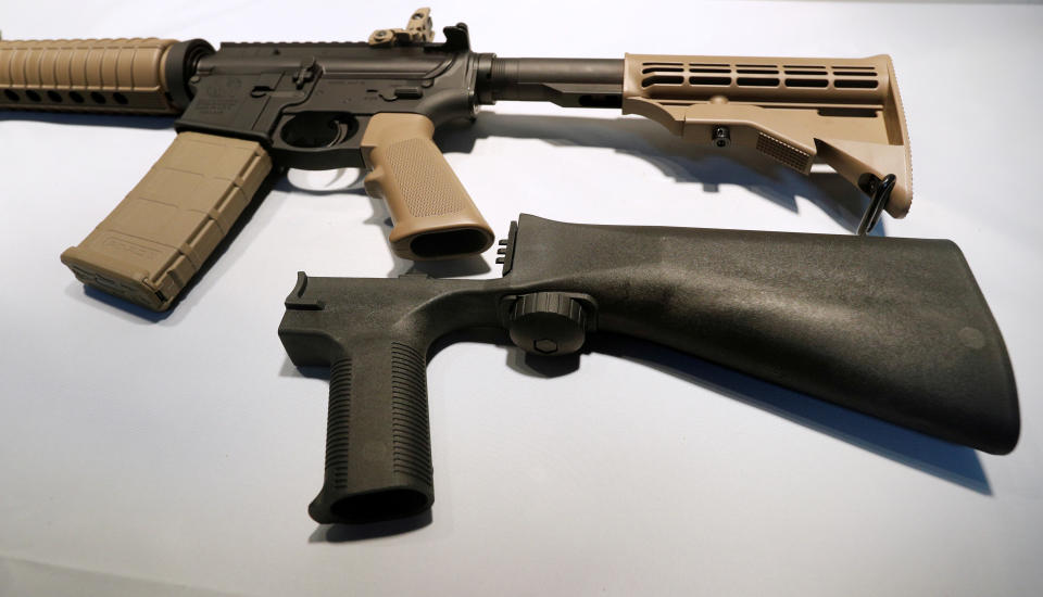 A bump stock that attaches to a semi-automatic rifle to increase the firing rate is seen at Good Guys Gun Shop in Orem, Utah, on Oct. 4, 2017. (Photo: George Frey/Reuters)