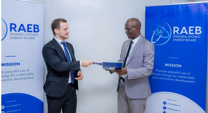 NANO Nuclear Energy Inc. CEO James Walker with the Rwanda Atomic Energy Board CEO, Dr. Fidele Ndahayo following the signing of the Memorandum of Understanding (MOU).