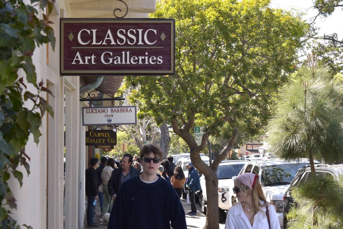 Ocean Avenue, a road to Carmel Beach, is one of several streets near Carmel Plaza that feature high-end storefronts, including fine art galleries, wine-tasting establishments and expensive real estate offices.