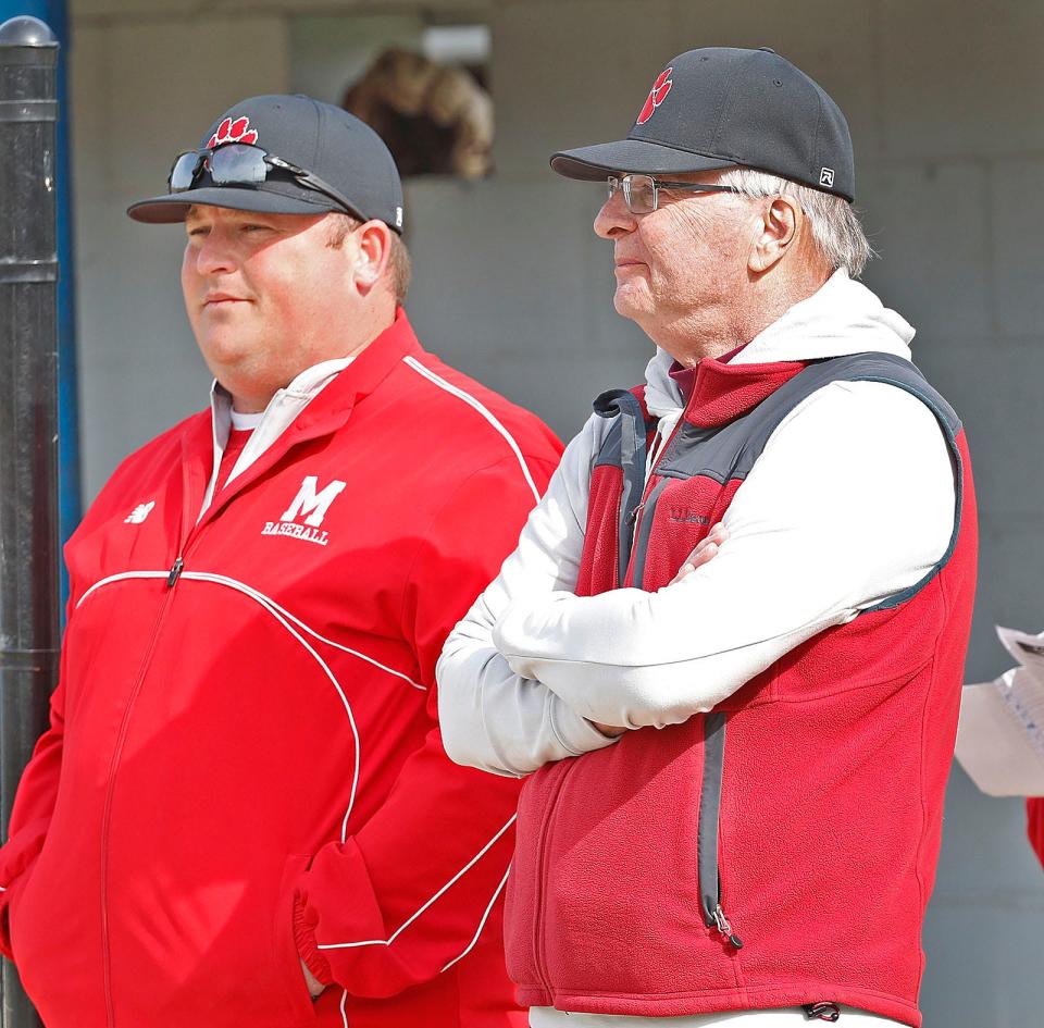 Milton coach Brendan Morrissey, left, and new assistant coach Norm Walsh, who led BC High baseball for many years. Braintree hosted Milton in a high school baseball game on Monday, April 25, 2022.