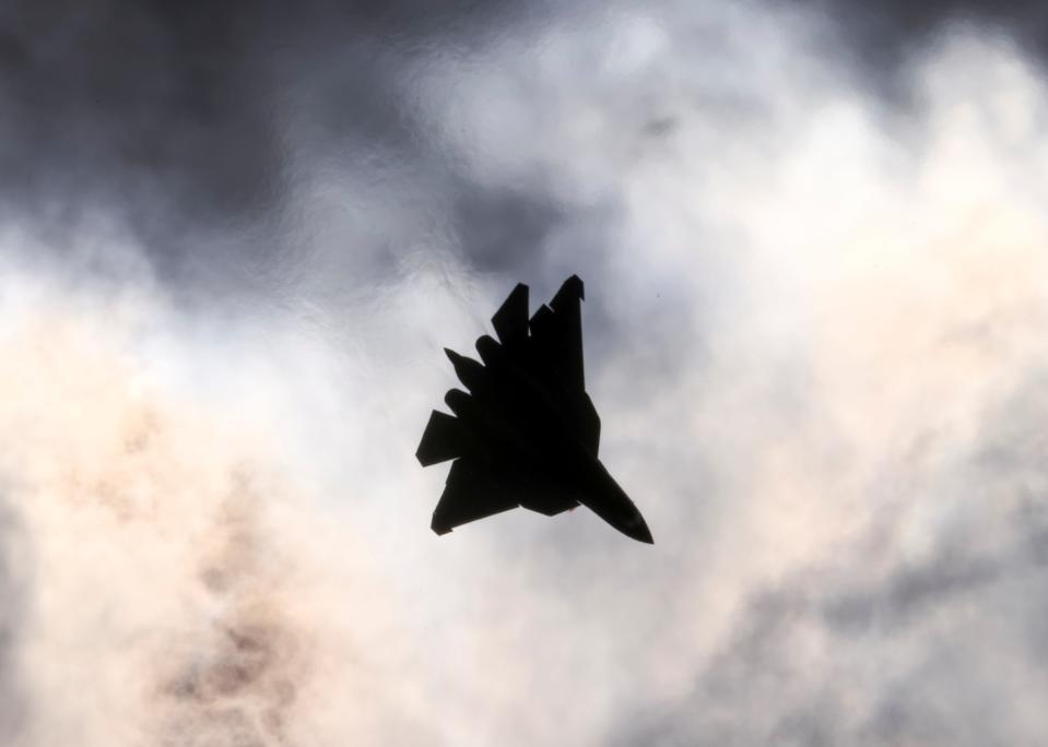 A Sukhoi Su-57 jet fighter performs during the MAKS 2021 air show in Zhukovsky, outside Moscow, Russia, July 25, 2021.