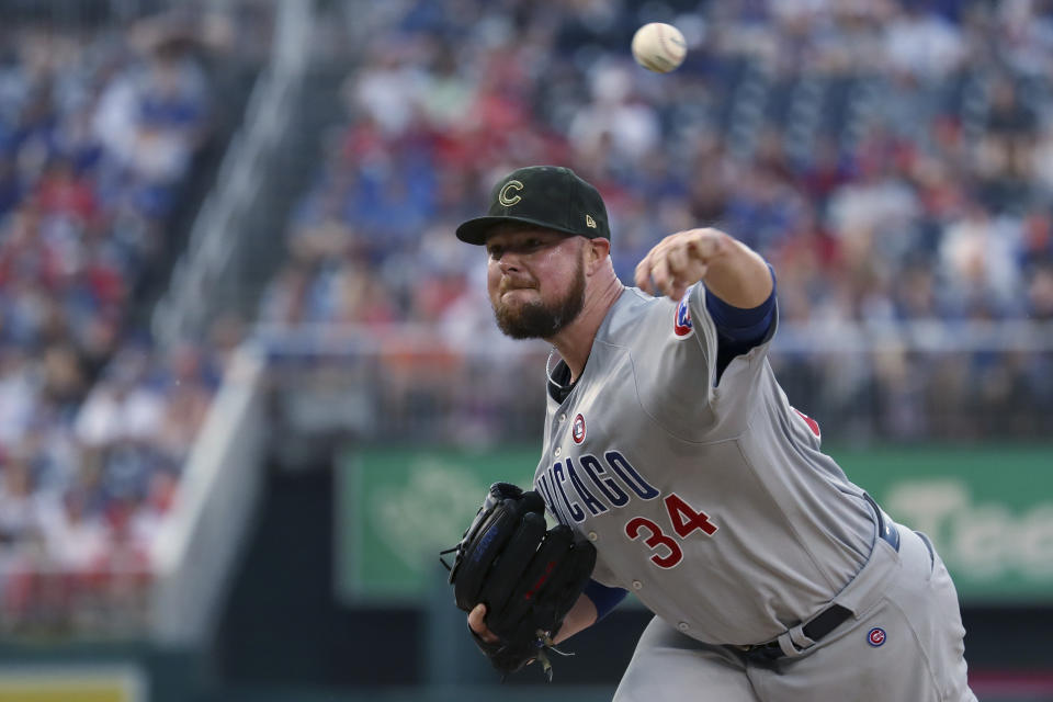 Chicago Cubs starting pitcher Jon Lester throws during the first inning of the team's baseball game against the Washington Nationals, Saturday, May 18, 2019, in Washington. (AP Photo/Andrew Harnik)