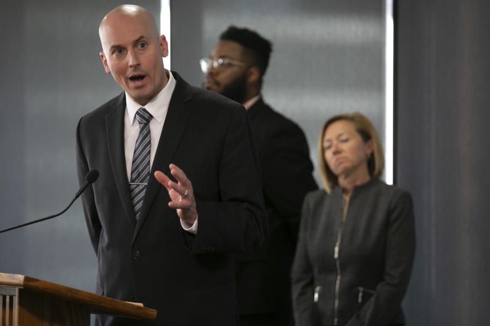 Grand Rapids, Mich. Police Chief Eric Winstrom answers questions during a press conference at City Hall Thursday, June 9, 2022 in Grand Rapids, Mich. A prosecutor filed a second-degree murder charge Thursday against the Michigan police officer who killed Patrick Lyoya, a Black man who was on the ground when he was shot in the back of the head following an intense physical struggle recorded on a bystander's phone.. (Daniel Shular/The Grand Rapids Press via AP)