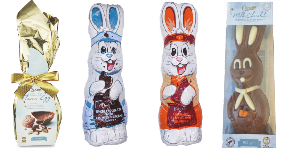 Aldi's Choceur chocolate flame egg, white chocolate cookies and cream bunny, caramel chocolate bunny and premium milk chocolate bunny