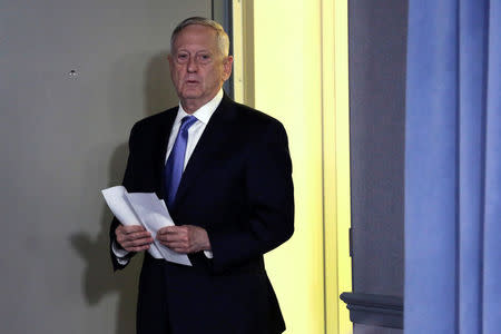 U.S. Defense Secretary James Mattis arrives to brief the media at the Pentagon in Washington, U.S., April 11, 2017. REUTERS/Yuri Gripas