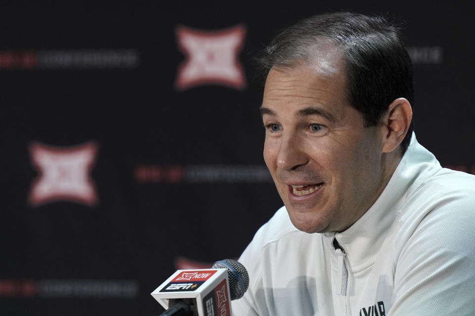 Baylor coach Scott Drew speaks to the media during Big 12 NCAA college basketball media day Wednesday, Oct. 20, 2021, in Kansas City, Mo. (AP Photo/Charlie Riedel)