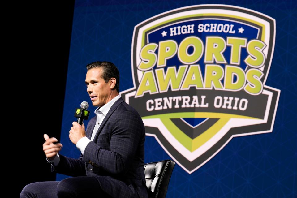 Former Dublin Coffman, Notre Dame and NFL quarterback Brady Quinn addresses the crowd during the Central Ohio High School Sports Awards.