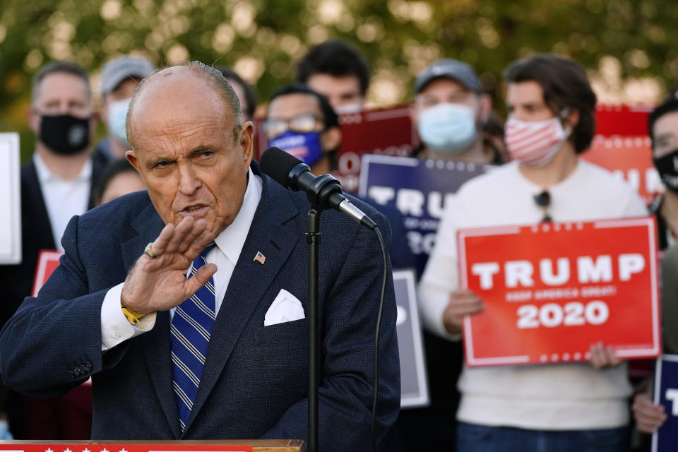 Rudy Giuliani, a lawyer for President Donald Trump, speaks during a news conference on legal challenges to vote counting in Pennsylvania, Wednesday, Nov. 4, 2020, in Philadelphia. (AP Photo/Matt Slocum)