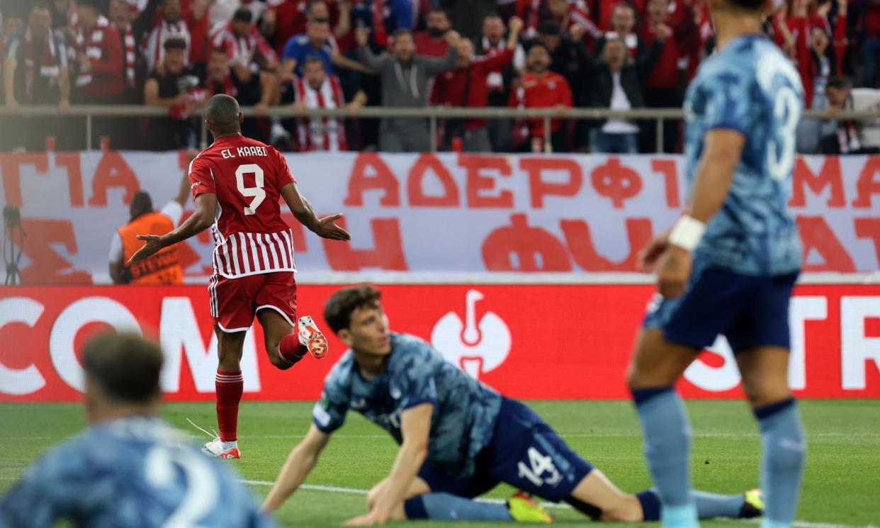 <span>Ayoub El Kaabi of Olympiakos (top left) celebrates after opening the scoring for Olympiakos in the 10th minute. The Moroccan scored five across the two legs.</span><span>Photograph: Yorgos Karahalis/AP</span>