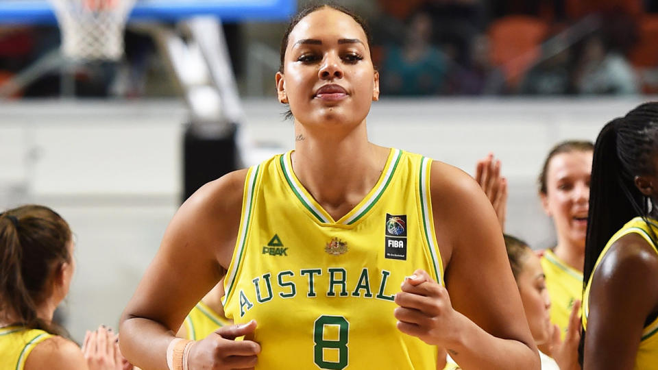 Liz Cambage, pictured here in action for the Opals against Puerto Rico.