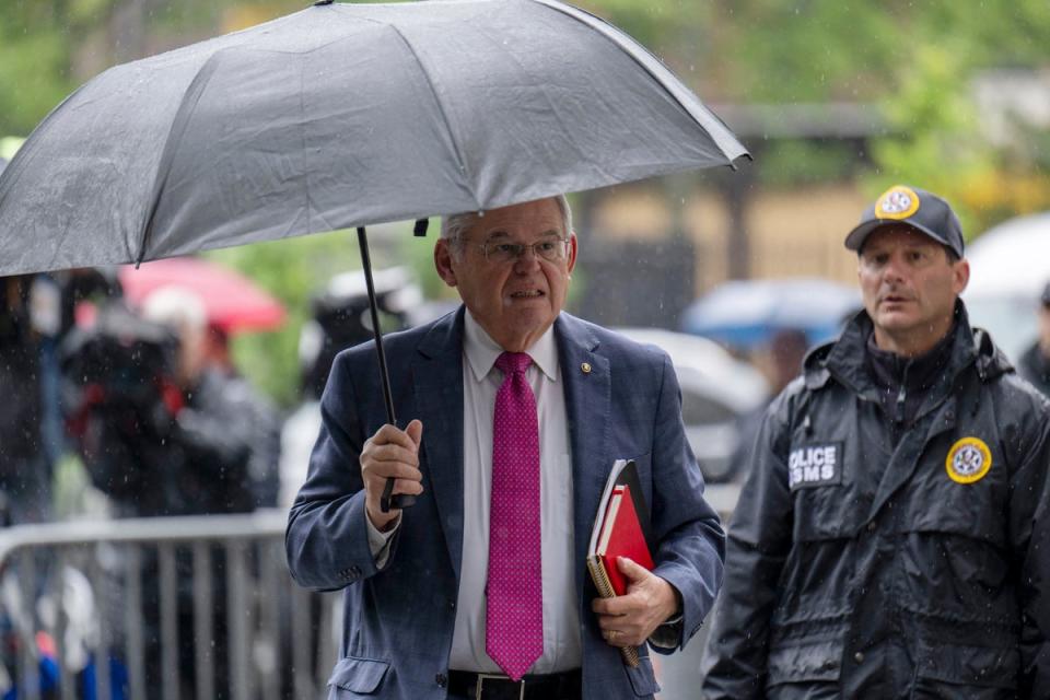 US Senator Bob Menendez, Democrat of New Jersey, arrives at Manhattan Federal Court, in New York City on May 15, 2024 (AFP via Getty Images)