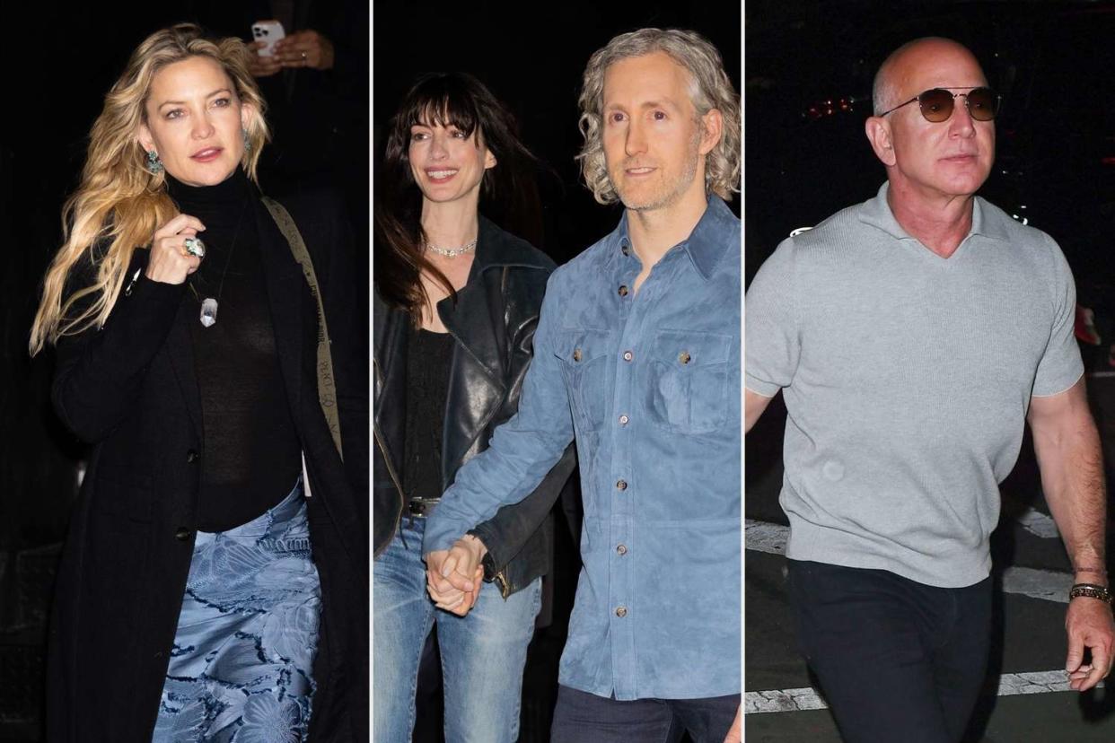 <p>BACKGRID</p> From left: Kate Hudson, Anne Hathaway, Adam Shulman and Jeff Bezos attend Derek Blasberg