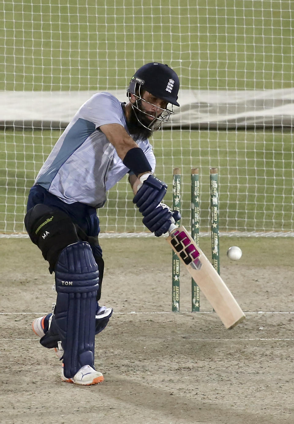 England's Moeen Ali attends a training session at the National Cricket Stadium, in Karachi, Pakistan, Sunday, Sept. 18, 2022.(AP Photo/Fareed Khan)