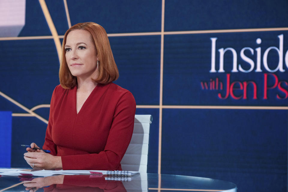 This image released by MSNBC shows host Jen Psaki on the set of her new show "Inside with Jen Psaki" in Washington. Psaki begins the weekly Sunday show this weekend. (William B. Plowman/NBC via AP)