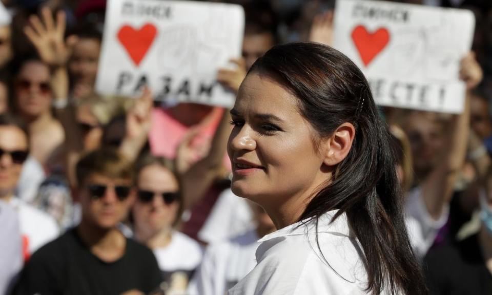 Svetlana Tikhanovskaya, the opposition candidate for the presidential elections, speaks to supporters in Brest, south-west of Minsk