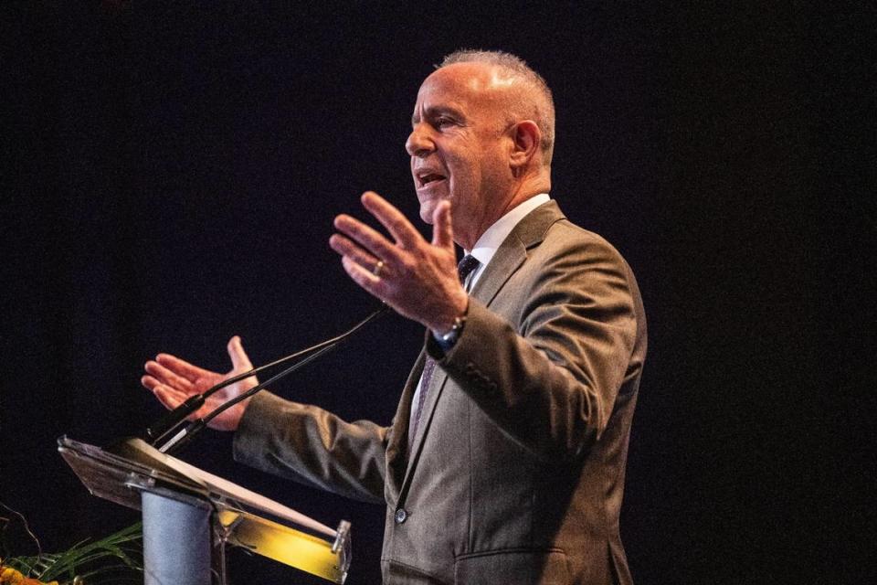 Sacramento Mayor Darrell Steinberg speaks at State of Downtown on February 21, 2023 at the SAFE Credit Union Convention Center.  “This year’s State of Downtown is an opportunity to further accelerate the downtown of the future,” said Steinberg.  “A place where people work, live and go to play.”