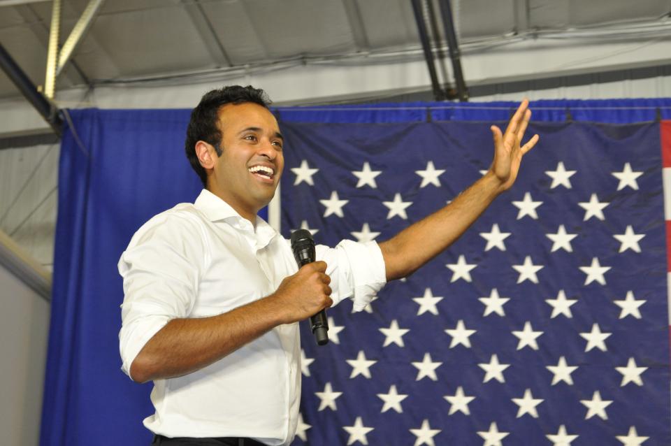2024 GOP presidential candidate Vivek Ramaswamy campaigns in Cedar Rapids, Iowa. He told the crowd: “For me, November of 2024, that is not the finish line of a campaign. It is the start line of a national revival. That is where this begins.”