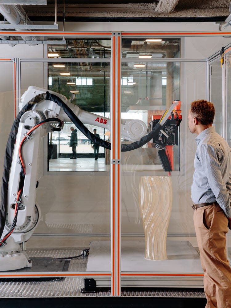 Interior photos of Newlab at Michigan Central, in the former Book Depository, which will officially open on Tuesday, April 25. The building is 270,000 square feet, and includes 2,000 square feet of exhibition space, a 200-seat event space and state-of the-art robotics and prototyping facility.