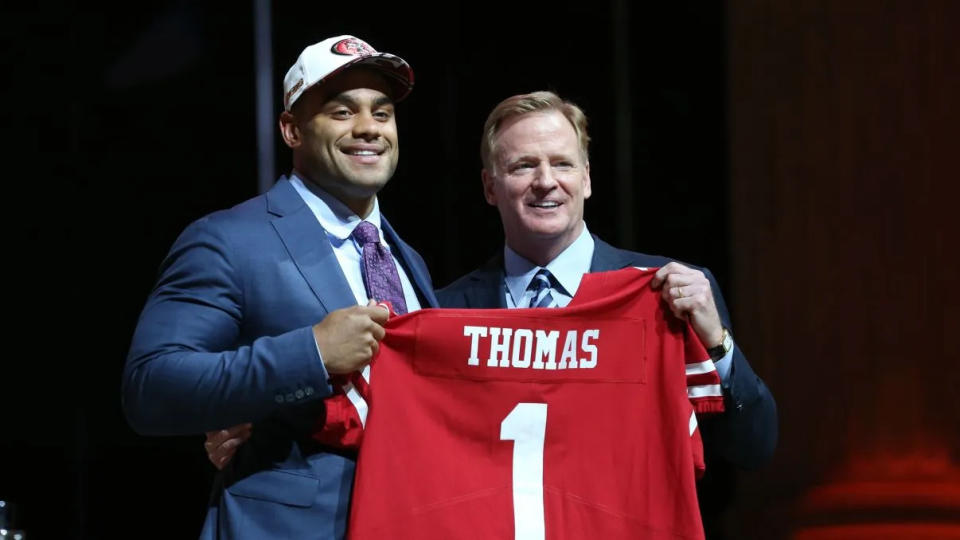 Apr 27, 2017; Philadelphia, PA, USA; Solomon Thomas (Stanford) poses with NFL commissioner Roger Goodell as he is selected as the number 3 overall pick to the San Francisco 49ers in the first round the 2017 NFL Draft at Philadelphia Museum of Art. Mandatory Credit: Bill Streicher-USA TODAY Sports