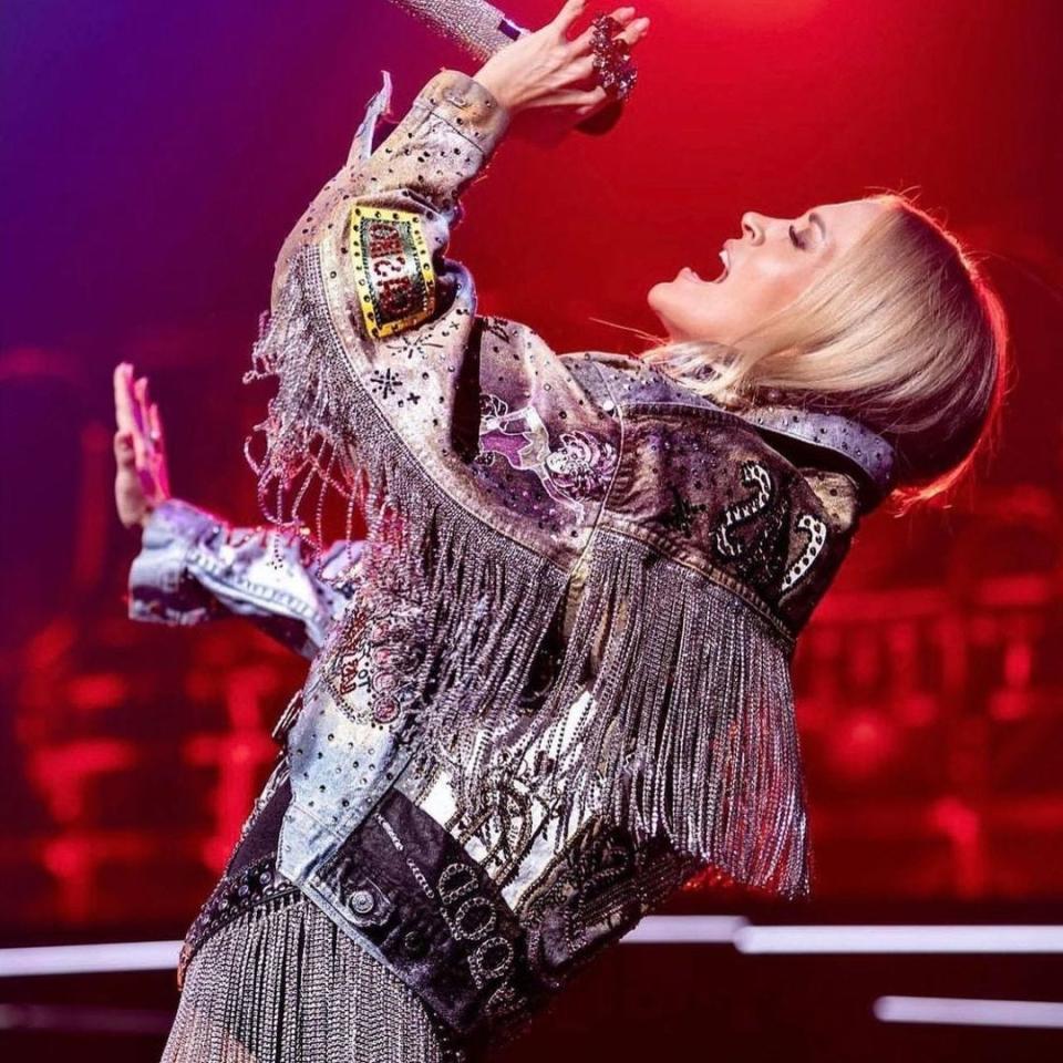 Carrie Underwood wearing a custom DanielXDiamond jacket onstage during her recent Las Vegas residency at the Resorts World hotel