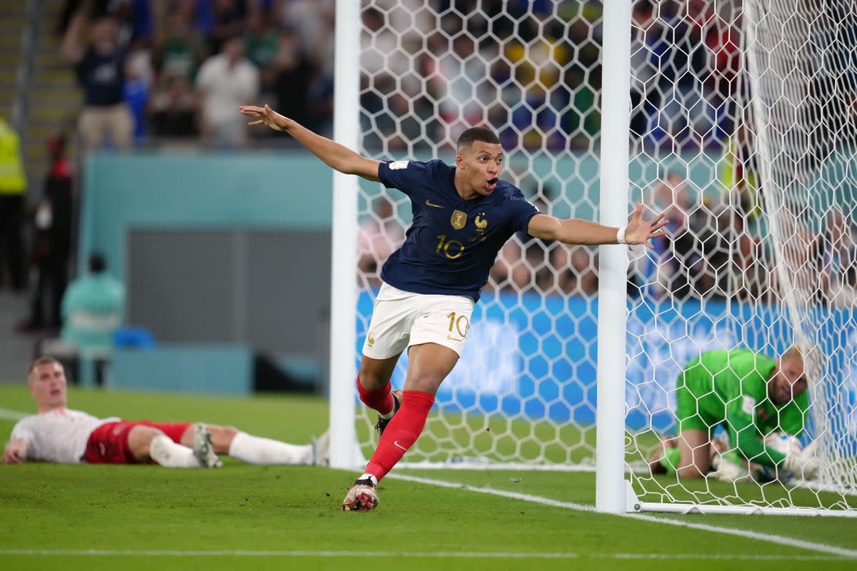 Kylian Mbappe (centre) celebrates scoring France’s winner in their 2-1 World Cup victory over Denmark (Nick Potts/PA) (PA Wire)