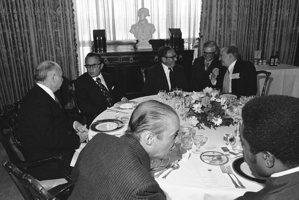 FILE - Secretary of State Henry A. Kissinger hosts a luncheon at the State Department for guests and Latin American Foreign Ministers in Washington, April 17, 1974. Leftists in Chile were tortured during the military dictatorship of Gen. Augusto Pinochet and in Argentina, many were "disappeared" by members of the brutal military dictatorship that held detainees in concentration camps. It all happened with the endorsement of Henry Kissinger, the former U.S. secretary of state. Many countries were scarred deeply during the Cold War by human rights abuses inflicted in the name of anti-communism and where many still harbor a deep distrust of their powerful neighbor to the north. (AP Photo, File)