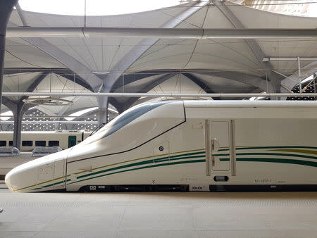 Train stops at the new KAEC station of the Haramain speed train at King Abdullah Economic City, near Jeddah, Saudi Arabia September 18, 2018. REUTERS/Stephen Kalin