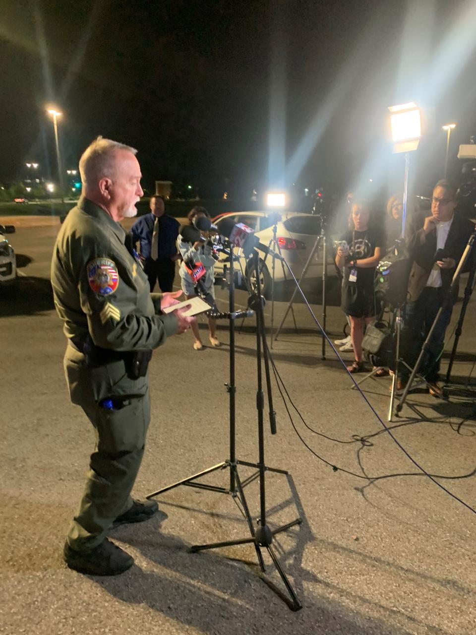 Rutherford County Sheriff's Office Sgt. Dan Goodwin reads a statement during a media conference on Wednesday evening after a shooting on the Middle Tennessee State University campus left one dead.