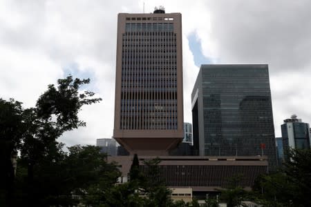 The Chinese PLA Hong Kong Garrison headquarters is pictured at the Central Business District in Hong Kong