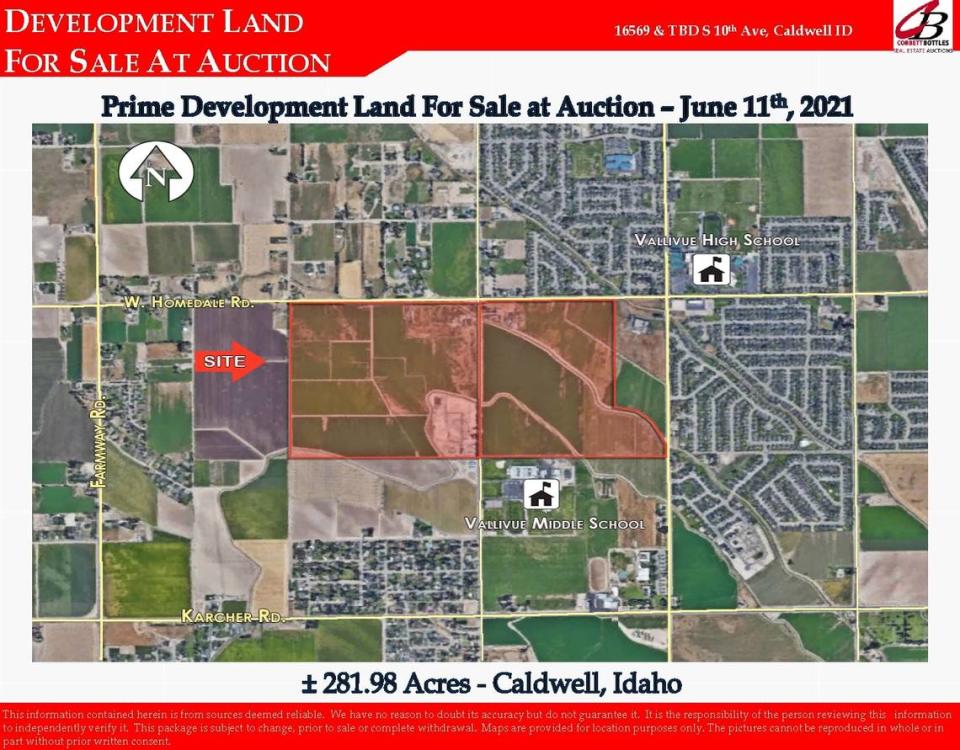 A map provided by the Idaho Department of Lands shows the parcels of land that Meridian developer Corety Barton bought near Vallivue High School and Vallivue Middle School outside Caldwell.