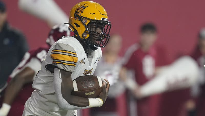 Idaho running back Anthony Woods runs during the first half of an NCAA college football game against Indiana, Saturday, Sept. 10, 2022, in Bloomington, Ind. 