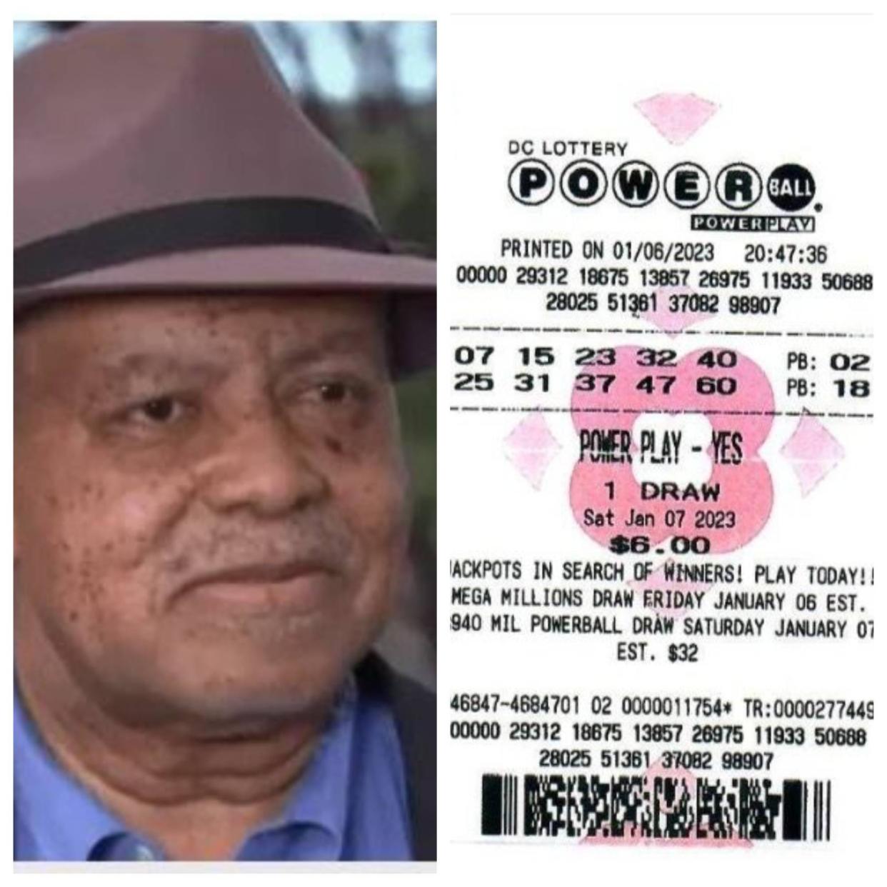 John Cheeks is shown with a 2023 Powerball lottery ticket that left Cheeks thinking he'd won $320 million after erroneous winning numbers were posted on a lottery website as part of a test.