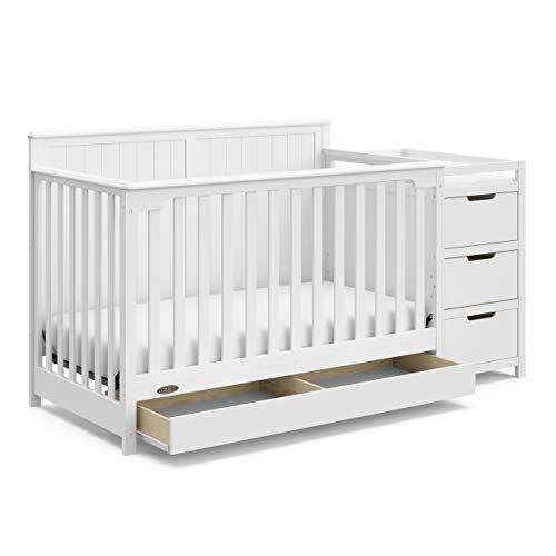 <p><strong>Graco</strong></p><p>amazon.com</p><p><strong>$642.98</strong></p><p><strong>This all-in-one changer is a crib, changing table, dresser and under-bed storage drawer all in one. </strong>As your little one grows, this piece grows with them transforming from a crib to a toddler bed to a daybed to a full-size bed. While the <a href="https://www.amazon.com/Graco-Premium-Toddler-Mattress-White/dp/B010S7VZI0?tag=syn-yahoo-20&ascsubtag=%5Bartid%7C10055.g.40220870%5Bsrc%7Cyahoo-us" rel="nofollow noopener" target="_blank" data-ylk="slk:mattress" class="link ">mattress</a> and <a href="https://go.redirectingat.com?id=74968X1596630&url=https%3A%2F%2Fwww.gracobaby.com%2Fhome-and-gear%2Fnursery%2Ffull-size-crib-conversion-kit-metal-bed-frame%2FSAP_2140437.html&sref=https%3A%2F%2Fwww.goodhousekeeping.com%2Fchildrens-products%2Fg40220870%2Fbest-changing-tables%2F" rel="nofollow noopener" target="_blank" data-ylk="slk:crib conversion kit" class="link ">crib conversion kit</a> are not included (our Lab pros recommend ordering them at purchase time), the water-resistant changing pad is included. </p><p>The three drawers are great for storing items like diapers and extra sets of clothing, and the under-bed drawer is nice for keeping extra crib sheets in case of an overnight blowout. While testing, we appreciated the safety strap and four safety rails that help keep baby secure. However, if you're assembling this yourself, keep in mind that it's a bigger project than most other stand-alone changing tables. </p>