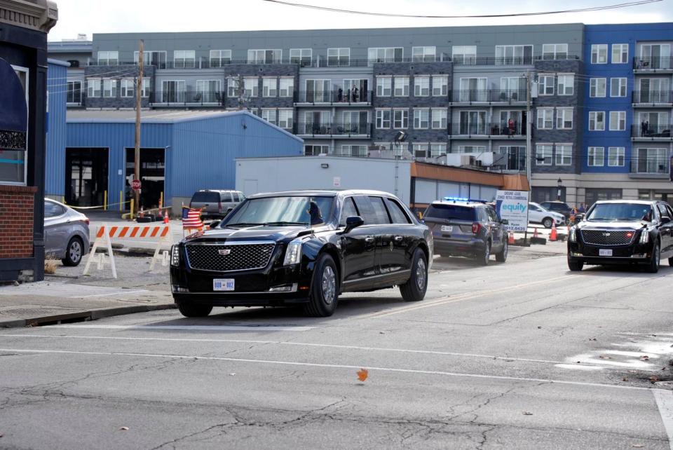 President Joe Biden travels through Covington before an event touting a $1.6 billion federal investment in the long-awaited upgrade of the Brent Spence Bridge.