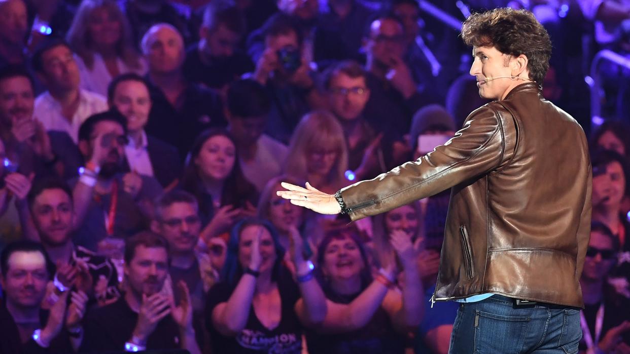  The director and executive producer at Bethesda Game Studios, Todd Howard, addresses the crowd about the new Fallout video game during the Bethesda E3 conference at LA Live in Los Angeles, California on June 10, 2018. - The three day E3 Game Conference begins on Tuesday June 12. 