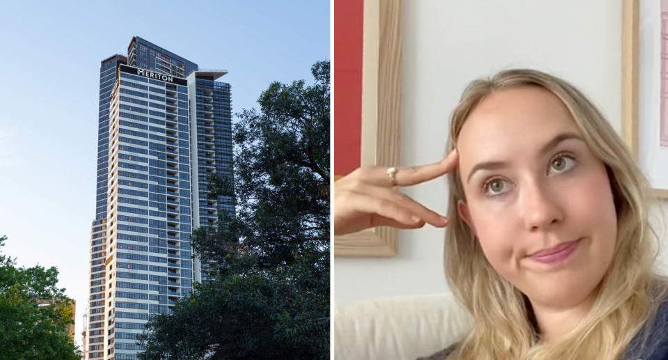 A photo of a Meriton apartment building in Sydney. A photo of a Sydneysider who is fuming at her almost $12,000 annual rent increase at a Meriton apartment.