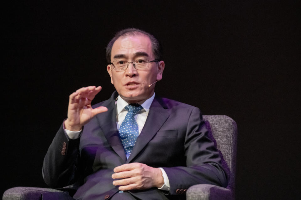 OSLO, NORWAY - MAY 28: North Korean defector Thae Yong-ho, the former Ambassador for North Korea in London, speaks to American scholar Robert Kelley at the Oslo Freedom Forum 2019 on May 28, 2019 in Oslo, Norway. (Photo by Julia Reinhart/Getty Images)