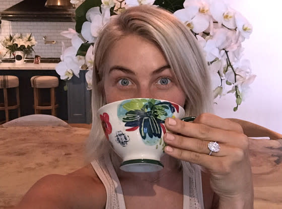 Julianne Hough took a tea selfie and showed off her round ring from Brooks Laich. 