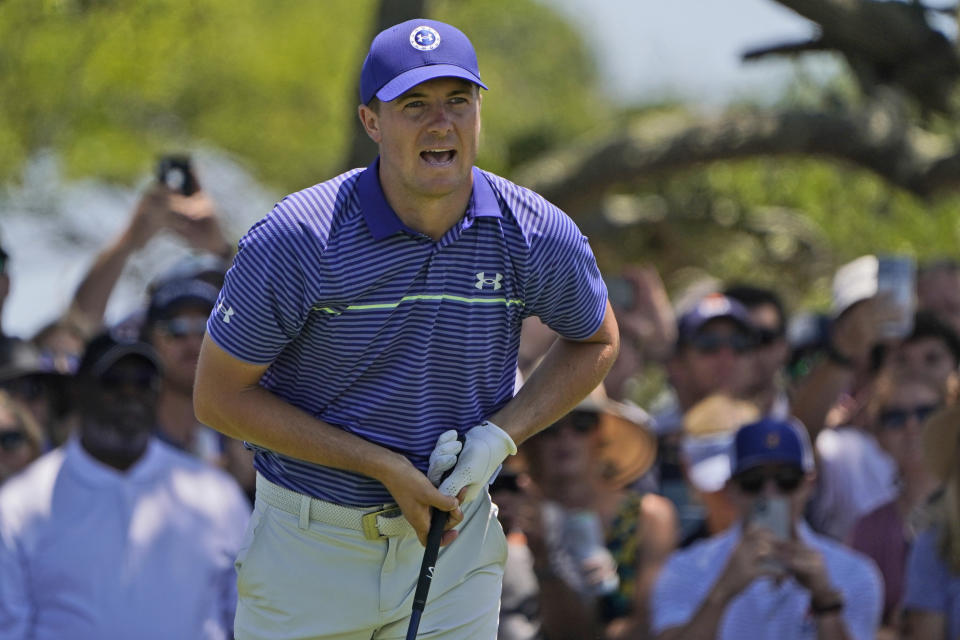 Jordan Spieth reacts to his tee shot on the seventh hole during the second round of the PGA Championship golf tournament on the Ocean Course Friday, May 21, 2021, in Kiawah Island, S.C. (AP Photo/Chris Carlson)