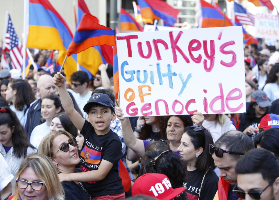 Huge crowds of Armenian Americans march during an annual commemoration of the deaths of 1.5 million Armenians under the Ottoman Empire in Los Angeles Wednesday, April 24, 2019. The march was intended to press demands that Turkey, the successor of the Ottoman Empire, recognize the deaths as genocide. Turkey contends the deaths starting in 1915 were due to civil war and unrest. (AP Photo/Damian Dovarganes)