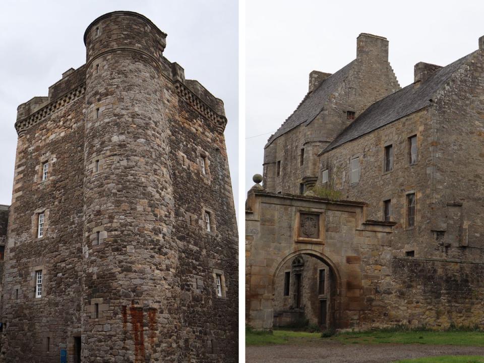 Side by side collage of the exteriors of Blackness Castle and Midhope Castle in Scotland.