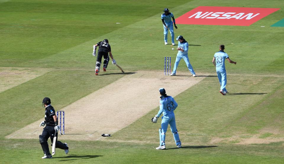 New Zealand's captain Kane Williamson (L/22) makes his ground during a run-out attempt during the 2019 Cricket World Cup group stage match between England and New Zealand at the Riverside Ground, in Chester-le-Street, northeast England, on July 3, 2019. (Photo by Paul ELLIS / AFP) / RESTRICTED TO EDITORIAL USE        (Photo credit should read PAUL ELLIS/AFP/Getty Images)