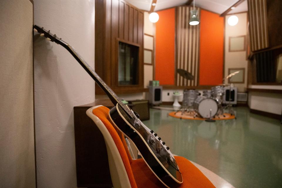 Instruments are seen in the live room of Southern Grooves, the newly built studio in Crosstown Concourse owned by Matt Ross-Spang, in Memphis, Tenn., on Friday, June 23, 2023.