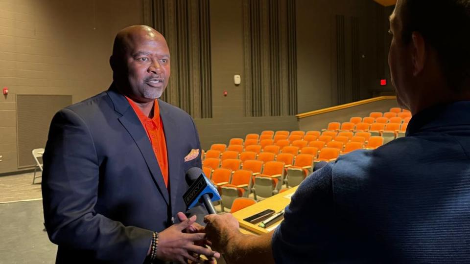 New Frederick Douglass boys basketball head coach Murray Garvin spoke to members of the media during his introduction ceremony at the high school on Monday. Jared Peck/jpeck@herald-leader.com