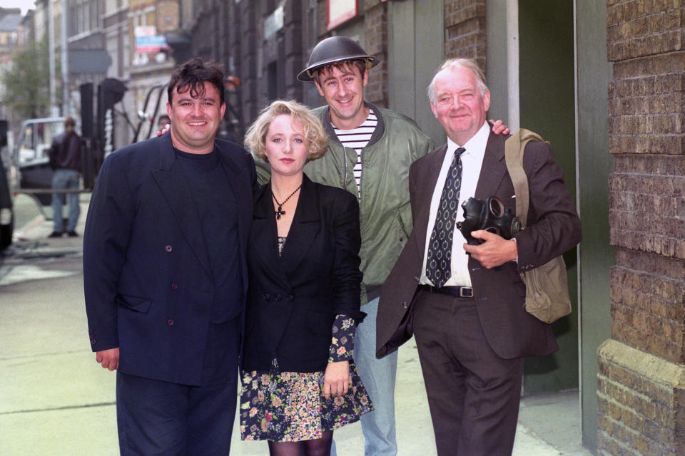 "GOODNIGHT SWEETHEART" AND NEW MARKS & GRAN COMEDY FOR BBC-1, WHICH STARTS ITS SIX-PART RUN ON THURSDAY, NOVEMBER 18TH AT 8.30PM, AND STARS (L-R) VICTOR MCGUIRE, MICHELLE HOLMES, NICHOLAS LYNDHURST AND DAVID RYALL. (Photo by Stefan Rousseau - PA Images/PA Images via Getty Images)